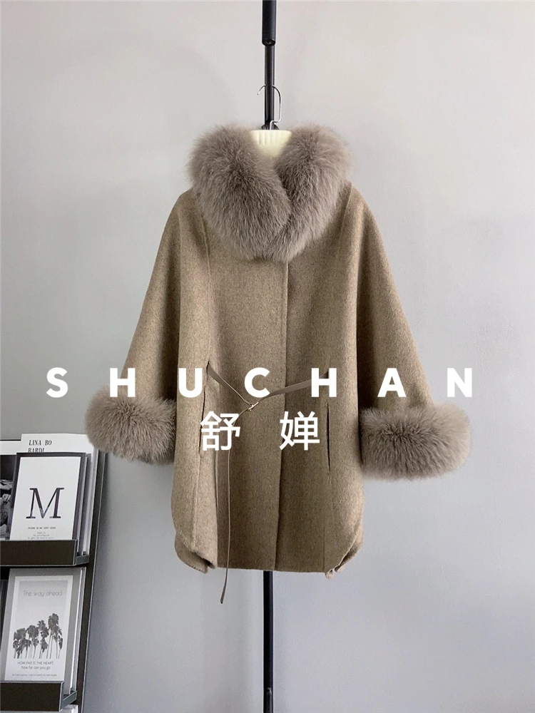 Cappotto in lana 70% da donna Nuovo caldo collo in pelliccia di lana double face Sciarpa rimovibile in pelliccia naturale di volpe
