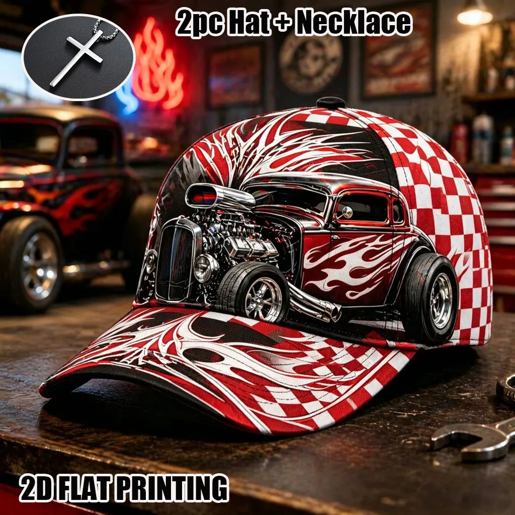 Customization 2pcs Men'S Vintage Hot Rod Racing Car Baseball Cap With Cross Necklace, American Flag Checkered Flag Flame Print
