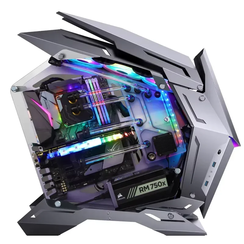 【CHIMU HOME】Mini Grey RGB Mid-Tower Gaming PC Case, Open Frame Design for Desktop Computer