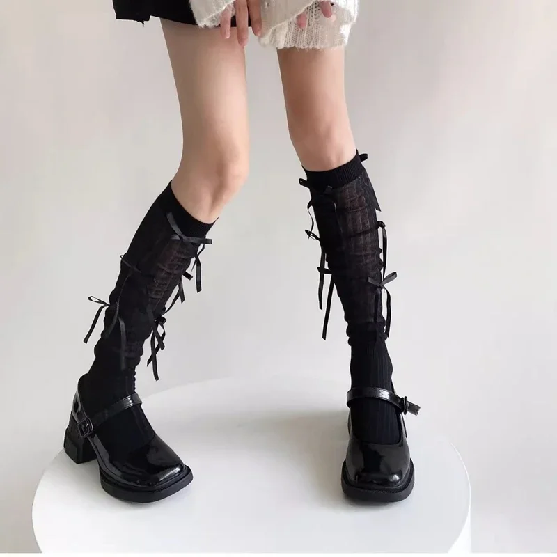 Sweet Lolita Style Stockings Students Fashion Basic Bowknot Knee-high Socks Cotton Fabric Women Sock Spring Summer Mid-calf Sock