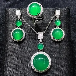925 Silver Natural Ice Chalcedony Fashion Jewelry Set Classic Luxury Round Green Earrings for Women Diamond Ring Necklace
