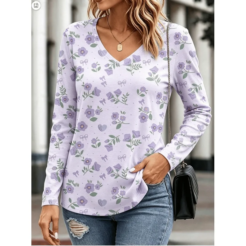 Women's Abstract Art Print V Neck Long Sleeve T Shirt Casual Elegant Color Block Top Medium Stretch Machine Washable All Season