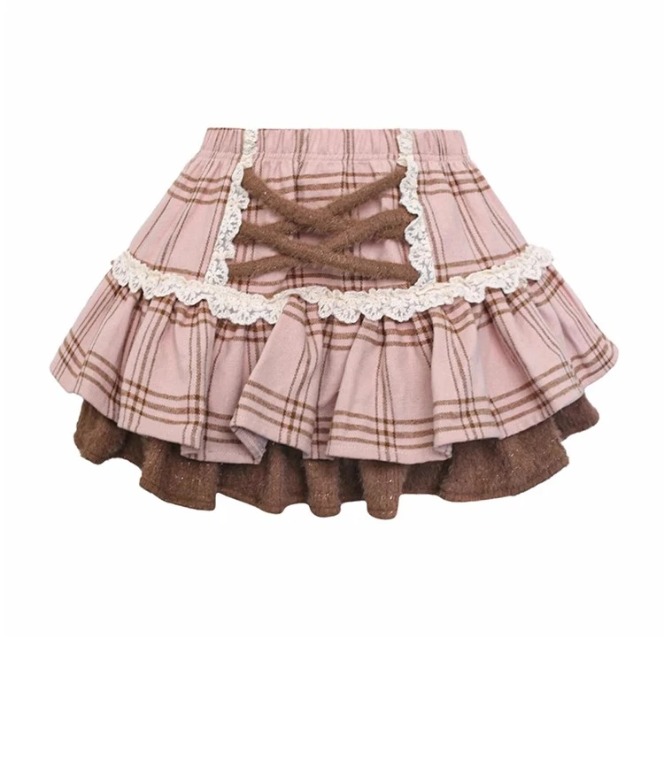 New Korean Retro Y2k Plaid High Waist A-line Lace Cake Mini Skirt Girl Autumn Winter Sweet Cute Bow Artificial Animal Hair Top
