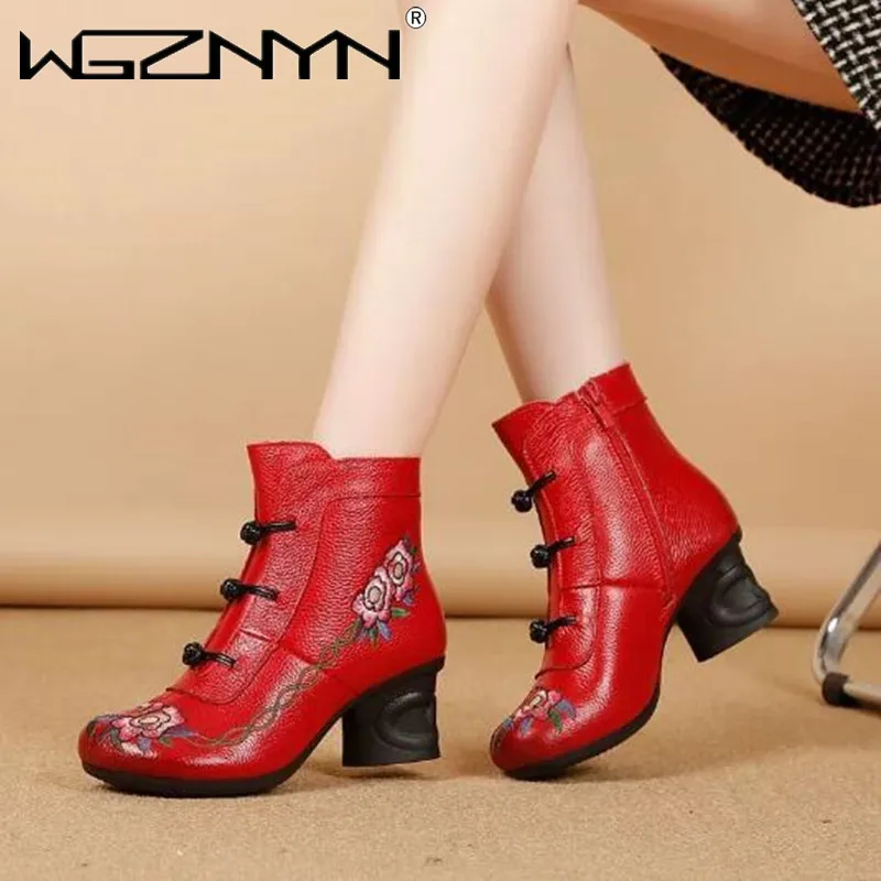 Floral Ankle Boots For Women Autumn Winter Genuine Leather Women\'s Boots Retro Handmade Comforable Shoes High Heels Botas Mujer