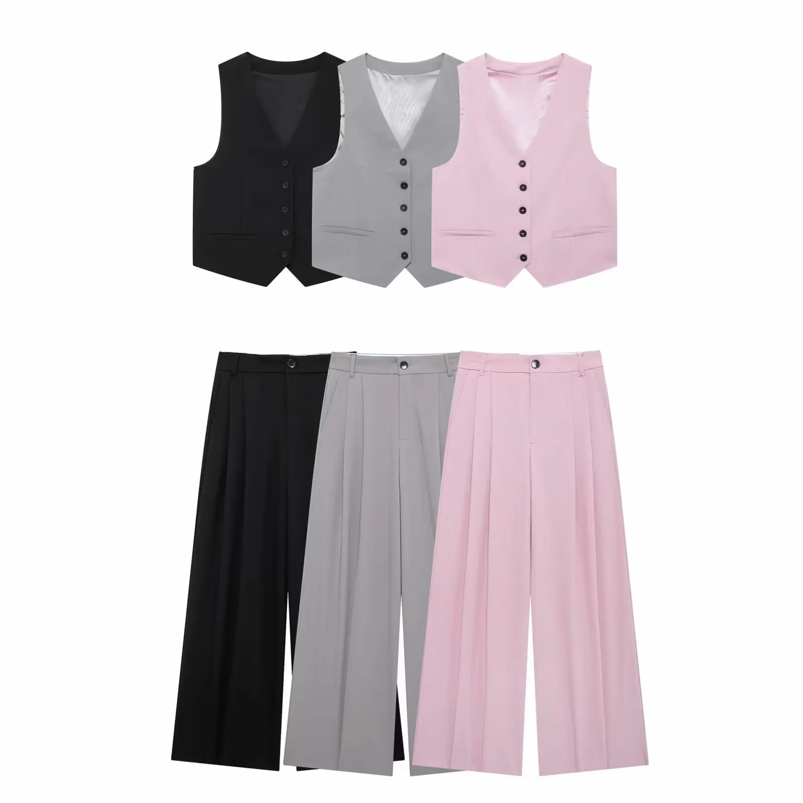 Loungewear Women Vest Pants Set Solid Sleeveless V-Neck Grey Vest +High Waist Zipper Casual Loose Pant Office Lady Suit Street