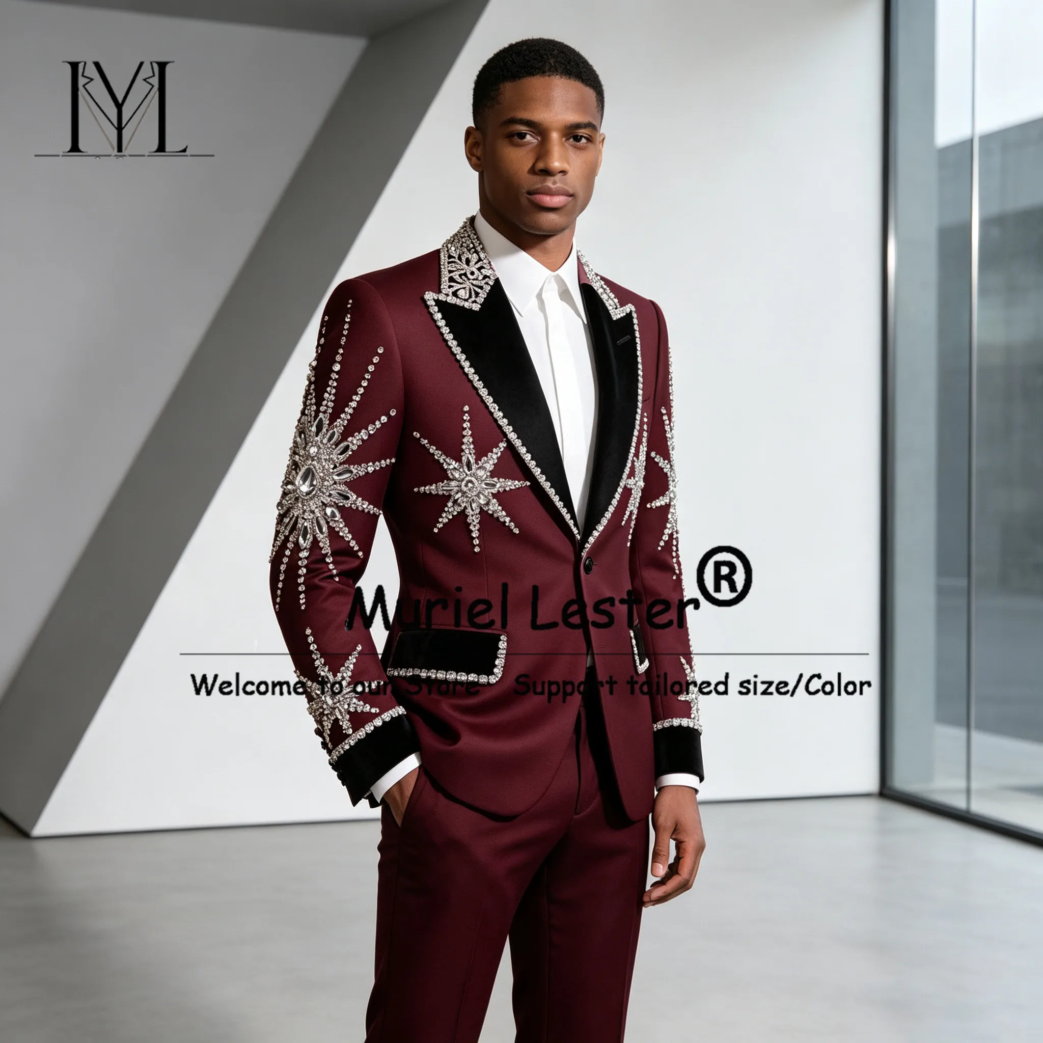 Exclusive Men's Suits Diamond Beaded Jacket Pants 2 Pieces Sets Black Peaked Lapel Jacket Pants Slim Fit Groom Wedding Tuxedos