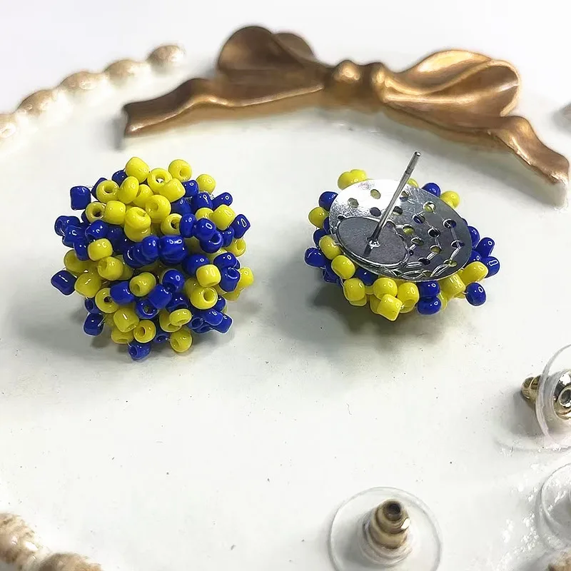 

WHOLESALE BEST SELLER - Hypoallergenic Royal and Yellow Mix 15mm Small Seed Bead Earrings Set - Beaded Earring Pack -12pair/set