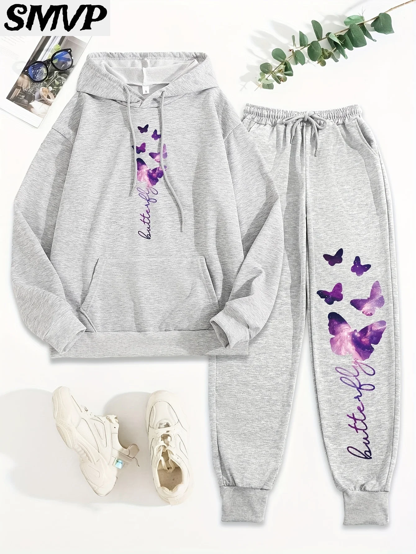 

SMVP Women Girls Cotton Hoodie Set Gray Purple Butterfly Pattern Print Two Piece Outfit Casual Loungewear Mother Daughter