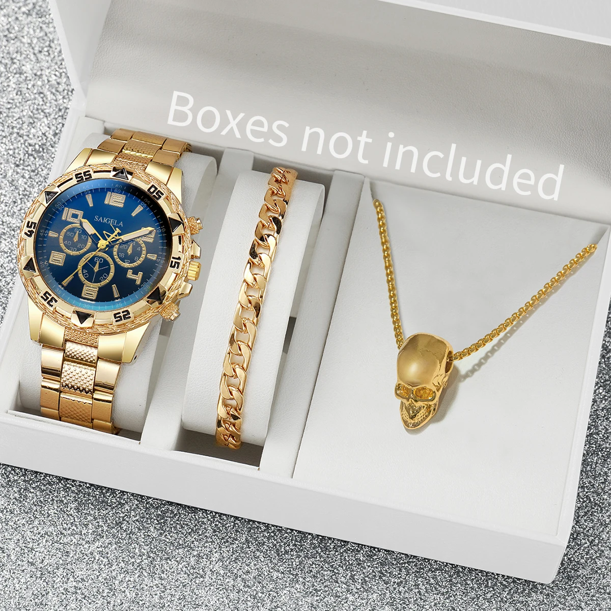 เซ็ตนาฬิกาปริศนาเซอร์ไพรส์กล่องตาบอด-3 ชิ้น/เซ็ตนาฬิกาธุรกิจผู้ชายแฟชั่นสายเหล็กนาฬิกาควอตซ์ชุดเครื่องประดับ (ไม่มีกล่อง)