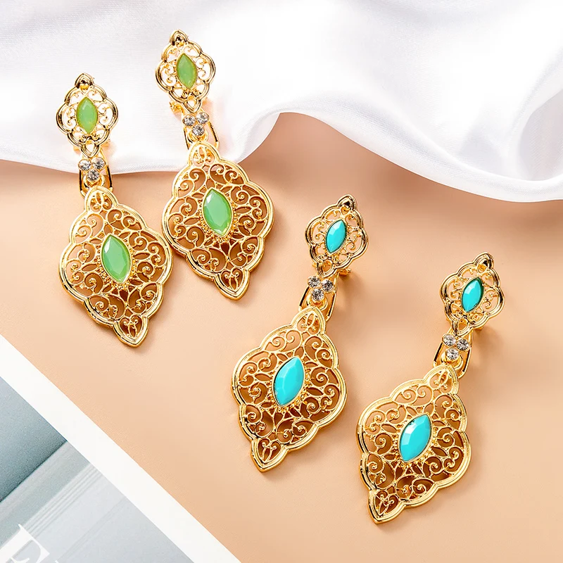 Moroccan Gold Color Bridal Jewelry Hollow Design Turquoise Mint Green Crystal Earrings Wedding Holiday Dress Eardrop