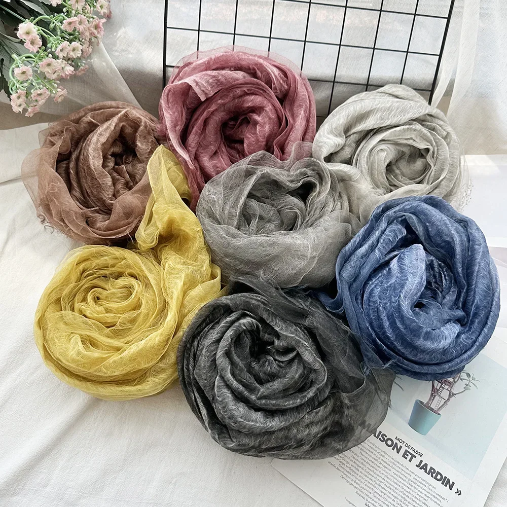 Lightweight Scarf Women\'s Linen Gradient Blue Dyed Sunscreen Shawl Versatile Thin Mulberry Silk Retro Spring and Autumn