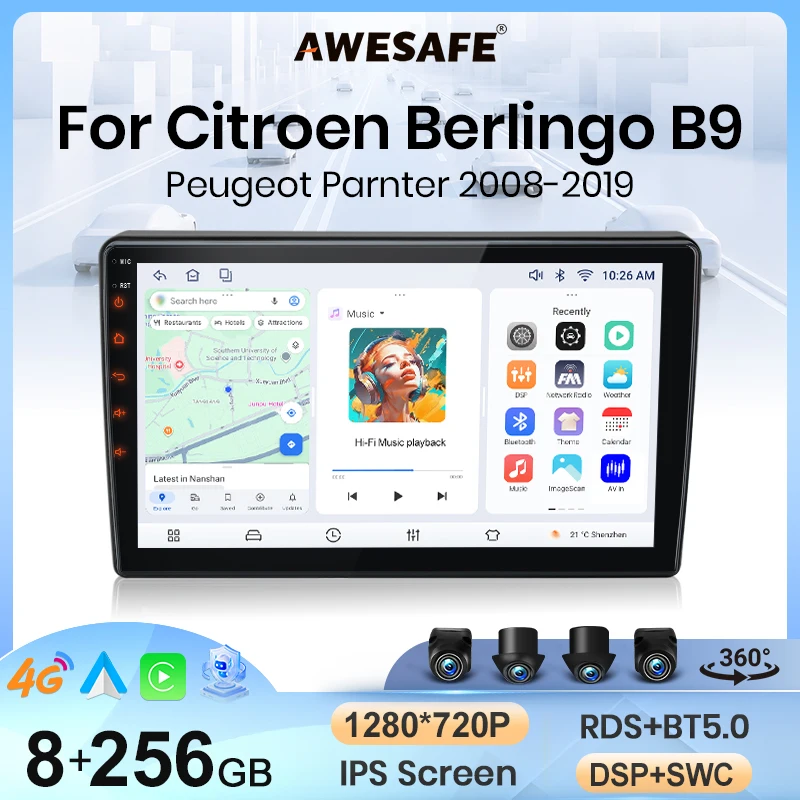 Autoradio sans fil AWESAFE CarPlay Android Auto pour Citroën Berlingo B9 Peugeot Partner 2008-2019 2 DIN Stéréo multimédia avec ventilateur de refroidissement intégré Systèmes intelligents Écran tactile Lecteur vidéo Unité principale Autoradio Navigation GPS SWC 4G WIFI RDS DSP
