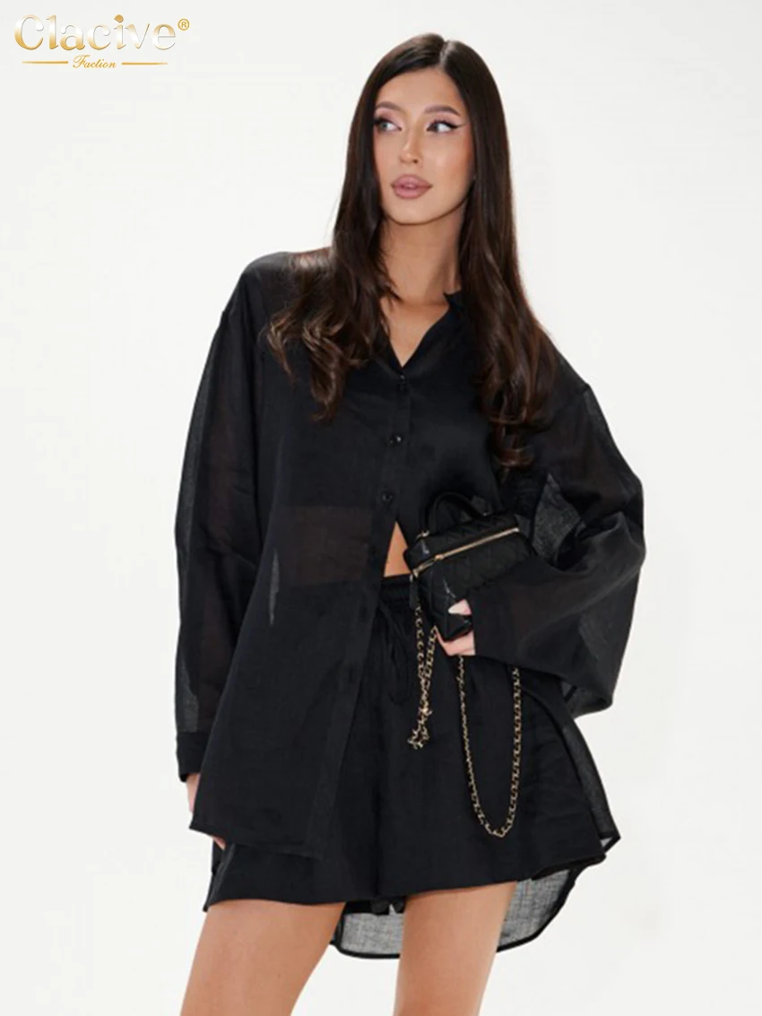 

Clacive Fashion Loose Black Woman 2 Piece Set Outfit 2025 Elegant Long Sleeve Shirt With High Waist Shorts Set Female Streetwear
