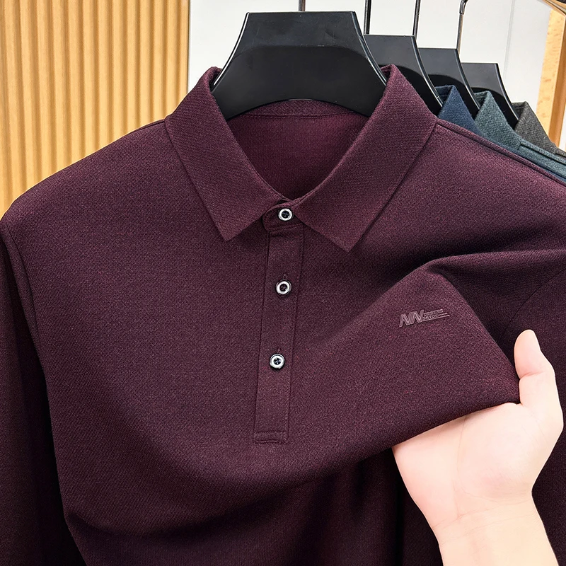 Klassisches Herren-Poloshirt für den Herbst in Unifarbe, aus Baumwolle, weich, langärmelig, mit Kragen, bequemes Freizeit-T-Shirt für Herren. – Detail 8
