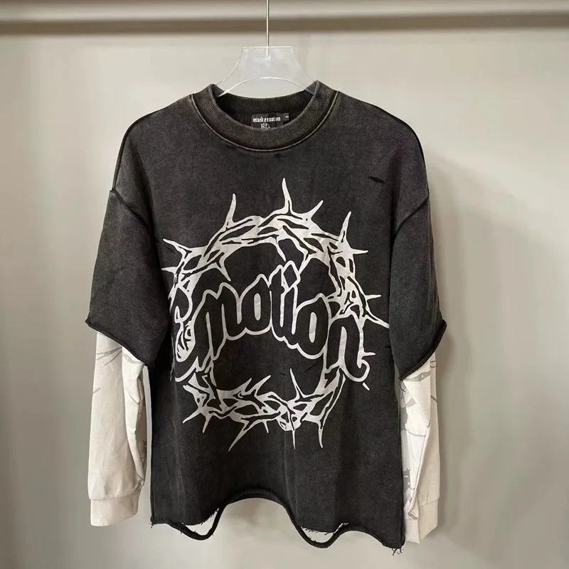 

Mixed Emotion High Street Washed Vintage Loose Casual Men's and Women's Patched Double-Checked Long-Sleeved Sweatshirt