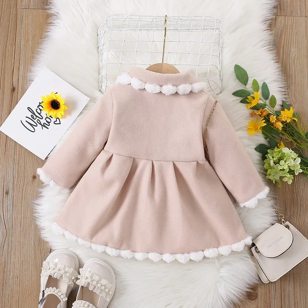 (0-3 Years Old) Winter New Woolen Coat for Baby Girls Coat Coat Coat Furry Lapel Bow Long Sleeve Warm Fashion Coat