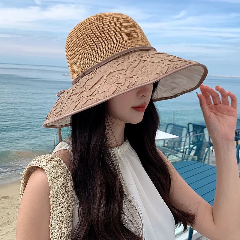 Korean Women's Fashion Embossed Mesh Eye Color Glue Protection Hat Summer Travel Vacation Wide Brim Sun New