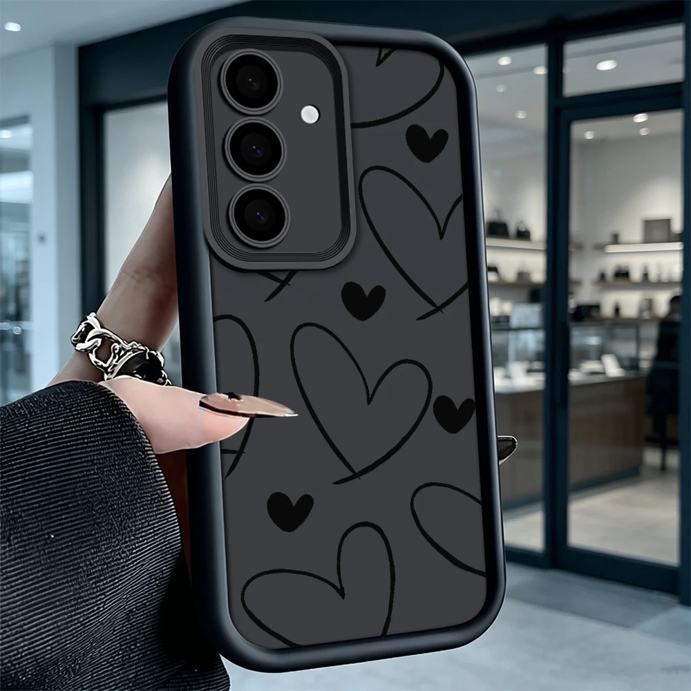 Hand Drawn Black Hearts Phone Case For Samsung S26 S25 S24 S23 S22 Ultra FE A17 A27 A57 Shockproof Back Cover
