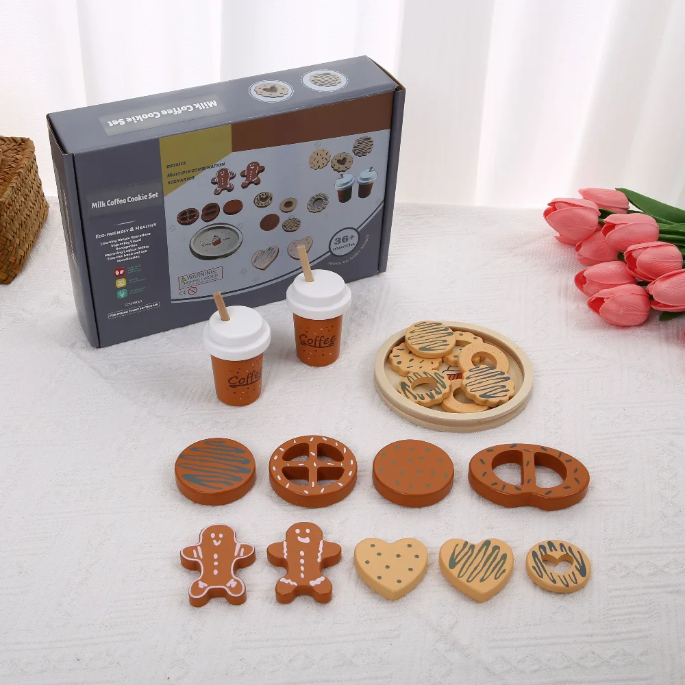 Drewniany zestaw zabawek do gotowania ciasteczek dla dzieci, akcesoria kuchenne, zabawki spożywcze, zabawa w udawanie, krojenie i imprezy, zabawka edukacyjna dla najmłodszych.