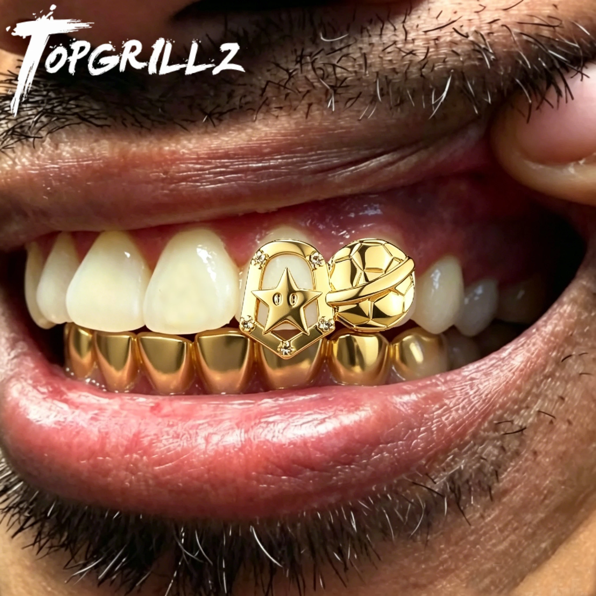 TOPGRILLZ Hip Hop Star & Soccer Theme Grillz Gold Plated Copper Two Teeth Micro Pave CZ Grill For Men&Women