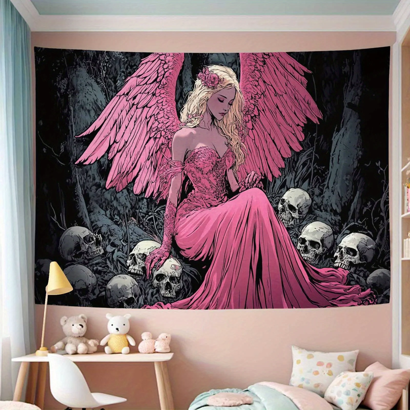 

1pc Mystique Fallen Angel Tapestry Wall Hanging - Pink Wings and Skull Design for Living Room, Indoor Tapestry | Angel Theme