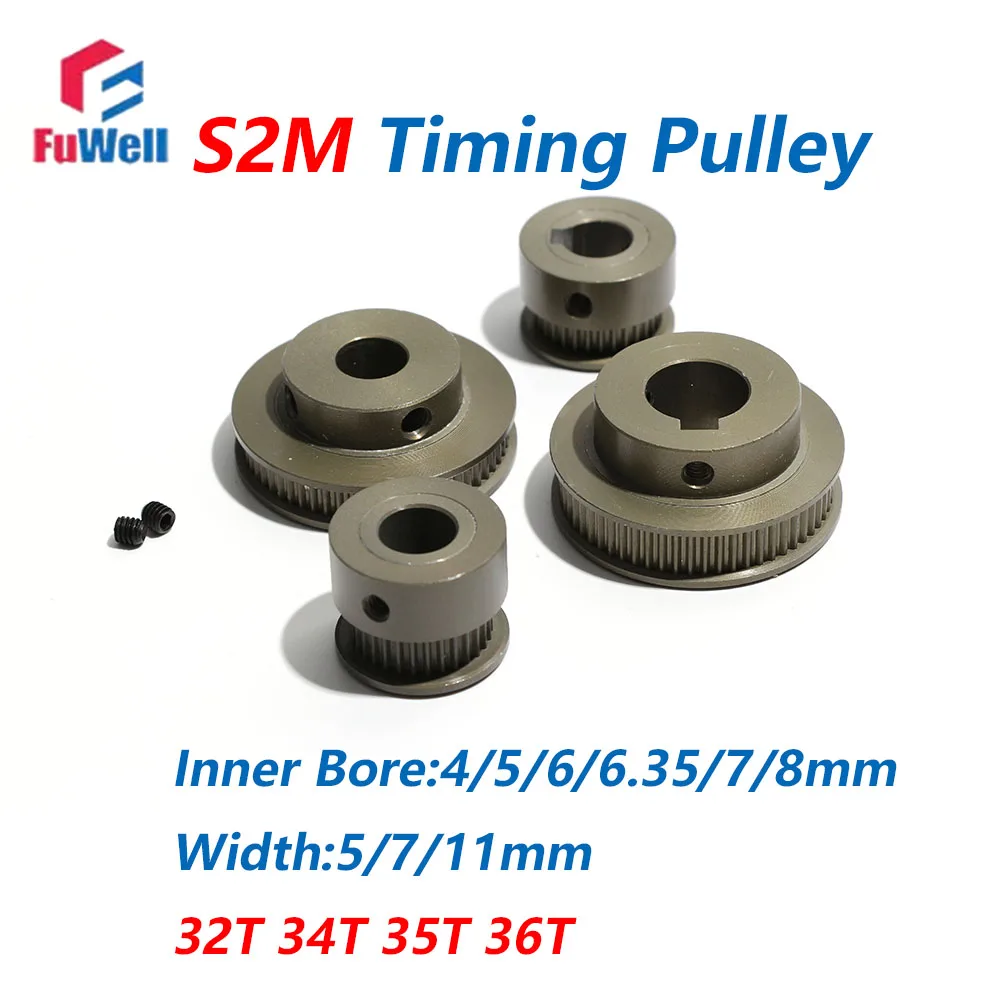 FuWell S2M BF/K Type Timing Pulley Aluminum Alloy 32T 34T 35T 36T Groove Width 5/7/11mm Bore 5/6/7/8/10/12mm Teeth Pitch 2mm