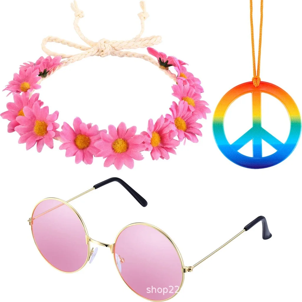 70s Outfits for Girls Women Hippie Costume Set Rainbow Peace Sign Necklace Flower HeadbandHippie Accessories