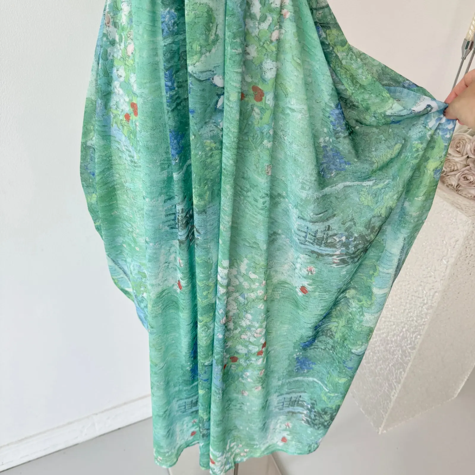 Slimming V-Neck Waisted Summer Dress Women's Holiday Style Green Field Fairy Tale One Sweet Peach Yikett Sleeveless Midi Dress