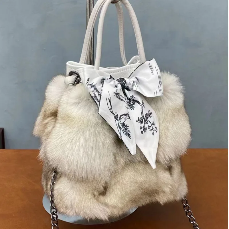 Women\'s Winter Fox Fur Bucket Bag Silk Scarf Strap Drawstring Bag Female Large Capacity Shopping Bag Fashion Shoulder Bags