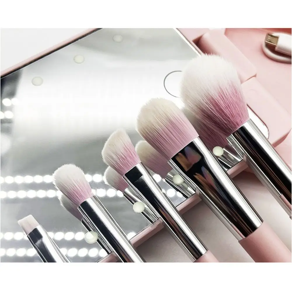 Rotatable Mirror Travel Makeup Brush with Light USB Rechargeable with 5pcs Brush LED Makeup Mirror Brush Set High Clarity