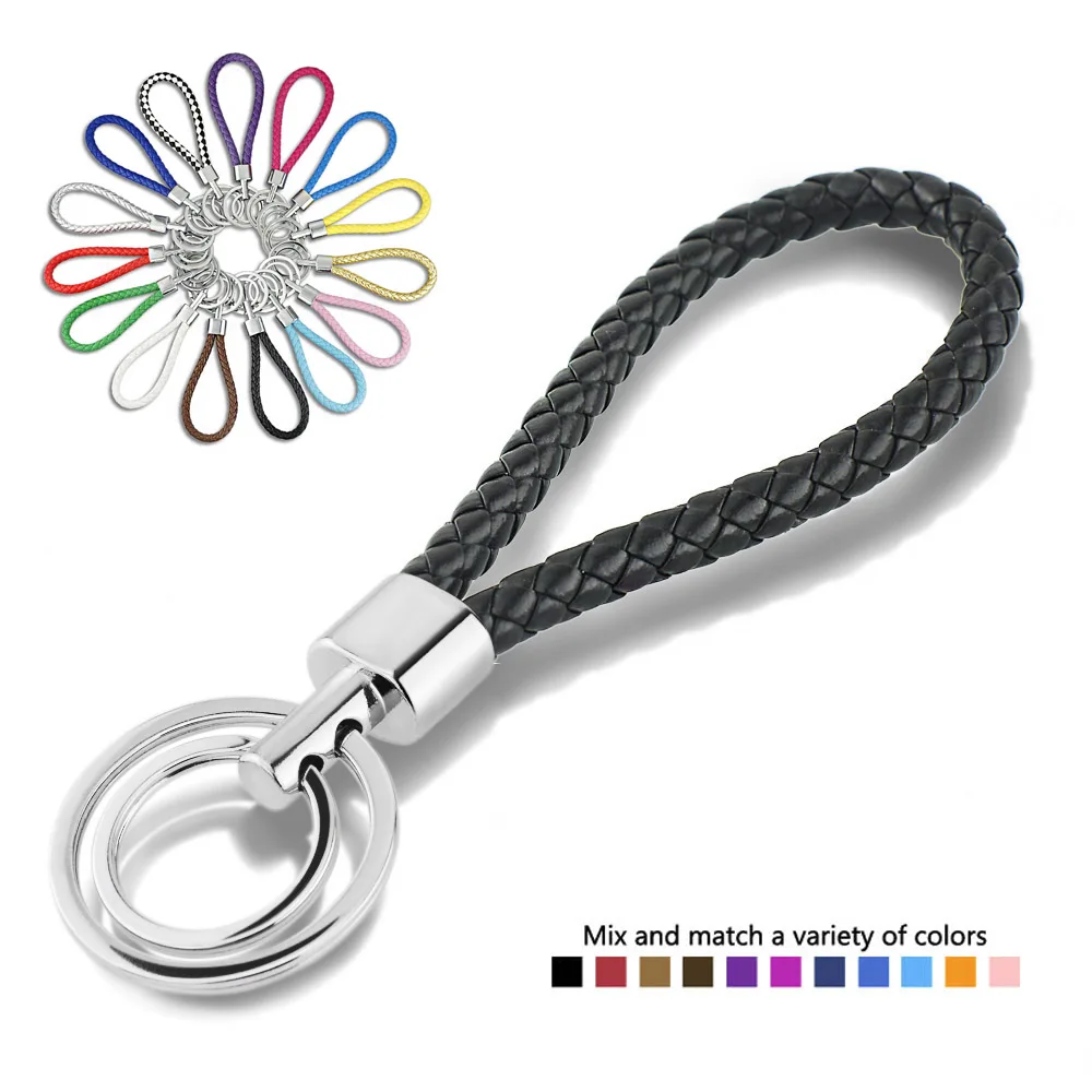 Dormon PU Leather Braided Woven Rope Double Rings Key Chains Rings Holder Car Keyrings Keychains DIY Bag Pendant DK224