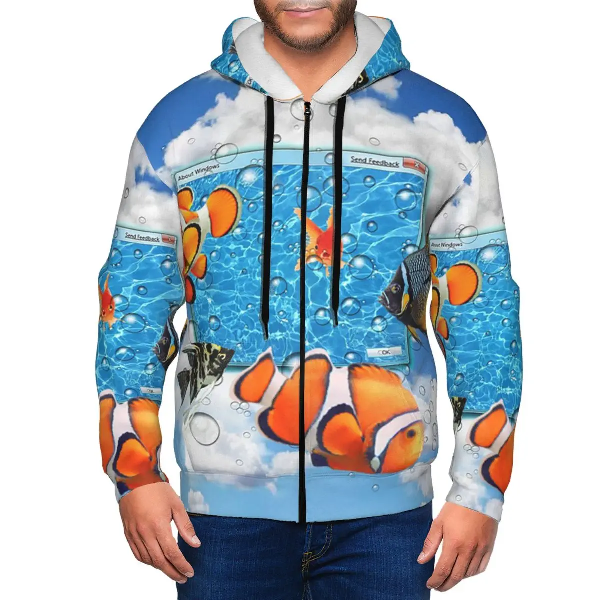 Swimming Frutiger Aero Fish Zipper Hoodies Harajuku Pullover Autumn Winter Men's Women's Sweatshirts Long Sleeve Tops