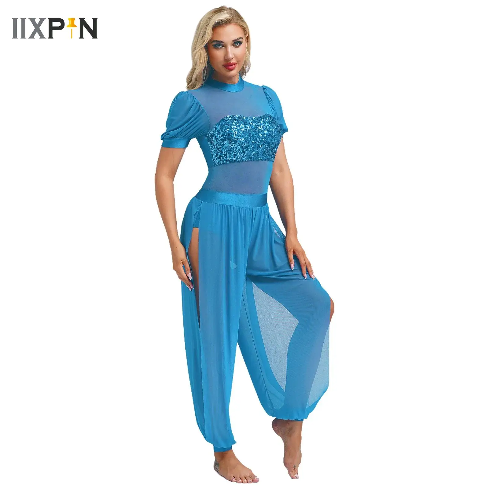 

Womens Belly Dance Costume Outfits Halloween Festival Arabian Princess Cosplay Side Slit Sequins Mesh Jumpsuit Modern Dancewear