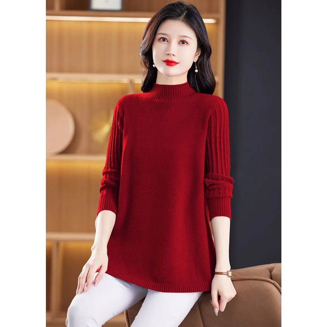 

Fashion Knitwear Pullover Half-High Collar Sweater Women Jacket Autumn Winter New Coat Long Bottoming Shirt Mom Loose Top Female