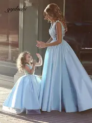 Customized Blue Mommy and Me Prom Dresses Party Elegant Flower Girl Dresses Family Matching Clothing Lace Appliques Evening Gown