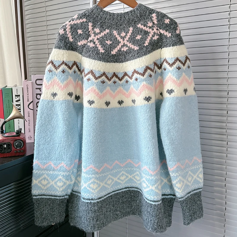 الأزرق الجاكار سترة مشغولة من الصوف المرأة الحلو كم طويل س الرقبة كسول الرياح سترة خمر خريف شتاء فضفاض عادية زر بلوزات جديدة #6