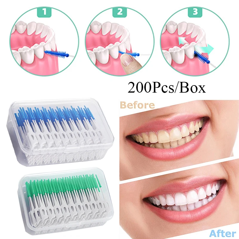 

200Pcs/box Interdental Brushes Silicone Toothpicks Teeth Floss Oral Hygiene Teeth Cleaning Soft Bristle Clean Teeth Toothbrush