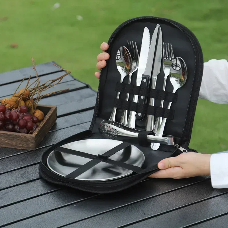 Imagem -04 - Acampamento 410 Utensílio de Piquenique Cozinha Pratos Conjunto Kit Talheres ao ar Livre Combinação Talheres Portátil Aço Inoxidável 10 20 Peças