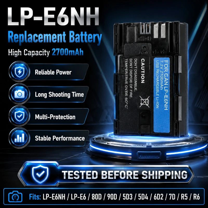 7.2V Is Suitable for Canon EOS 80D 90D 5D3 5D4 6D2 7D R5 R6 LP-E6 LP-E6NH Multi Model Long Endurance 2700mAh Digital Battery