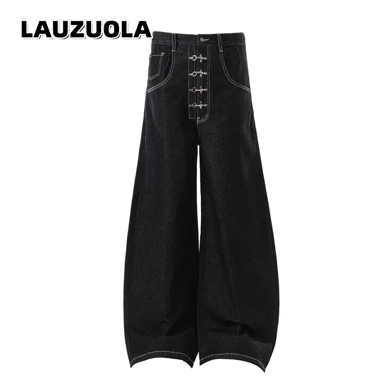 

Men's Vintage Black Wide Leg Denim Pants Casual Streetwear High Waist Metal Buckle Decor Loose Baggy Jeans Hip Hop Trousers
