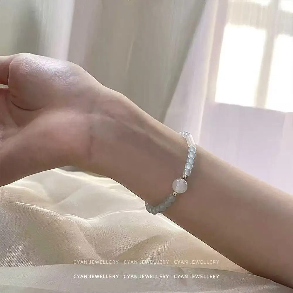 Elegant Gradient Light Blue Crystal Double Layer Bracelet White Agate Shell Tube Beads for Women Daily Wear Party Jewelry Gift