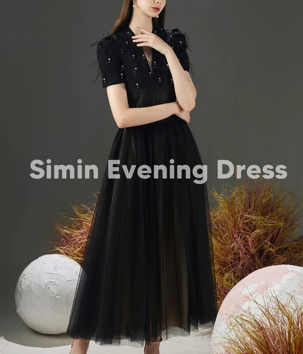 Simin المرأة الخامس الرقبة الفراء مطرز تول ألف خط فساتين سهرة بسيطة بأكمام قصيرة الكاحل طول فساتين أنيقة رسمية 2025 #4