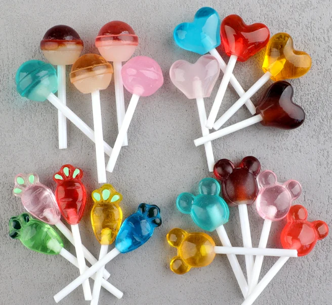 10 unids/lote de cabujones de resina con parte posterior plana, tarjeta decorativa de piruleta para niños, suministros para fiesta de cumpleaños, accesorios de regalo de dulces