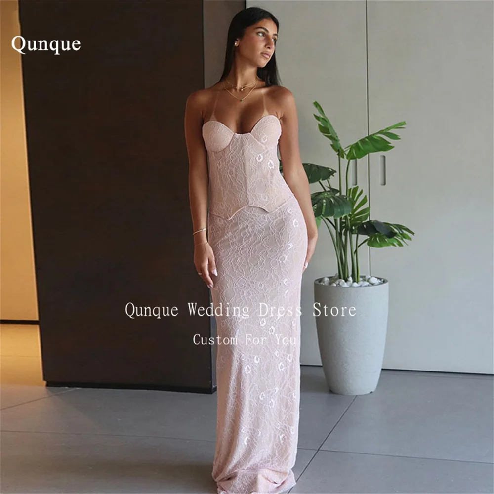 Qunque Pink Mermaid Prom Dresses Lace Appliques Woman Wedding Party Attire 2 Pieces Sweetheart Elegant Evening Dress Customized
