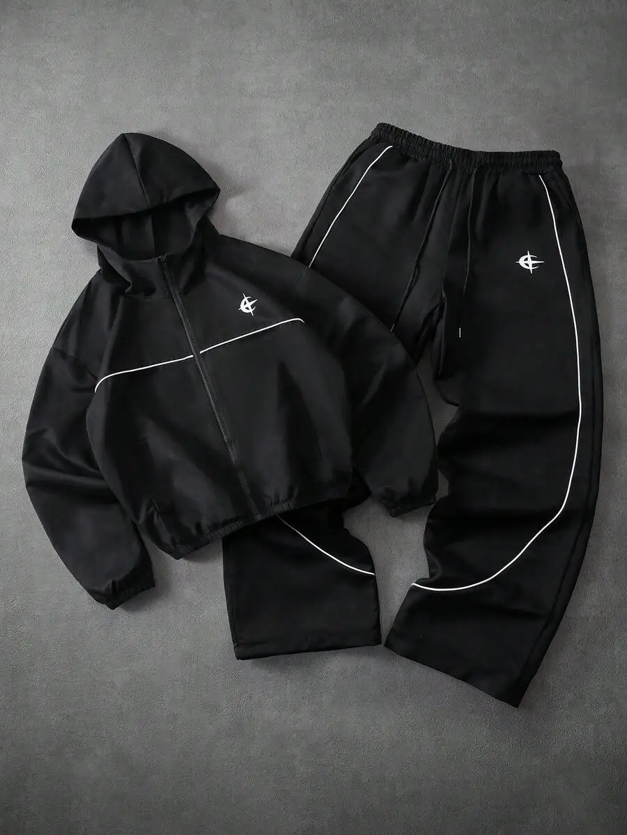 

Mens Black Hoodie And Pants Set With White Stripe Embroidery Streetwear Tracksuit