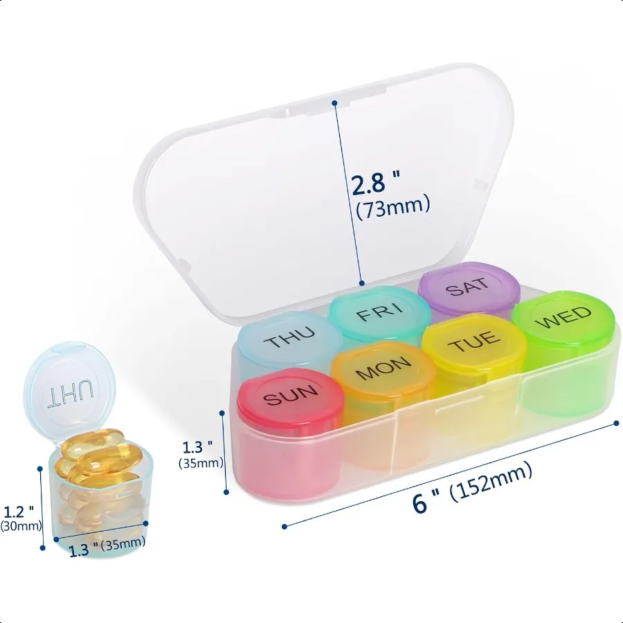 منظم حبوب أسبوعي منظم دواء خالٍ من مادة BPA، صندوق حبوب قوس قزح لمدة 7 أيام، حاوية حبوب منع الحمل المحمولة اليومية لحبوب منع الحمل وأسماك فيتامين