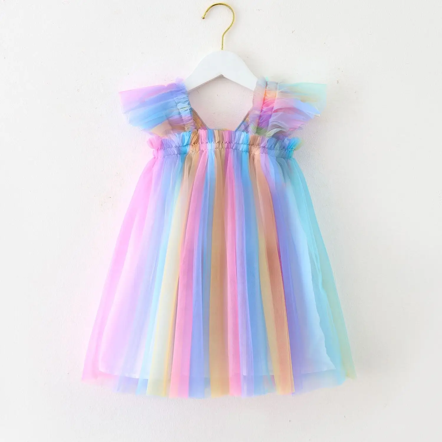 Summer Dress for Girl Sweet Flying Sleeve Rainbow 3D Wings Mesh Kid Birthday Party Dresses 1-5 Yrs Cute Baby Girl Princess Dress