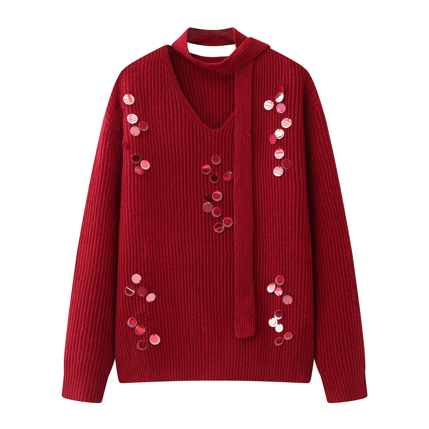 

Vintage Christmas Red Sequin Knit Sweater Women Spring V-neck Scarf Ribbon Pullover Tops Loose Comfortable Warm Bottoming Shirts