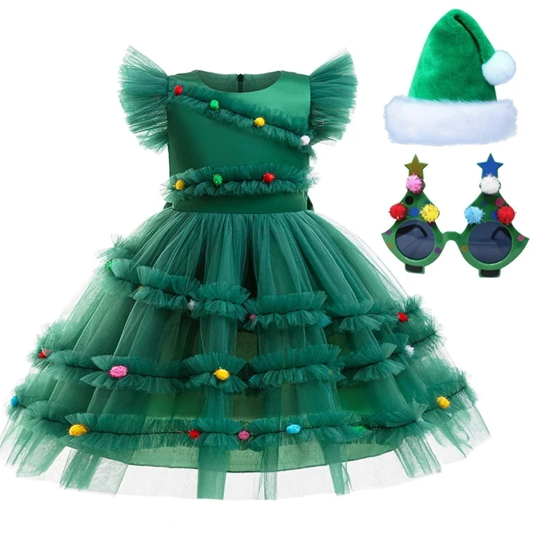 New Girl Christmas Dress 3-10, Small and Small Children's Nets Princess Skirt Small Flying Sleeve Slim Skirt Christmas Skirt+gla