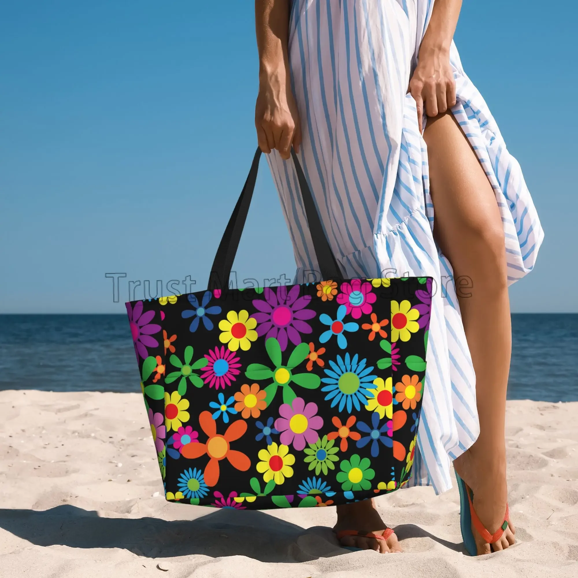 Hippie Flowers Large Beach Tote Bag Women Waterproof Sandproof Zipper Beach Tote Bags for Pool Gym Grocery Travel